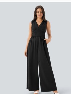 Halara Black Sleeveless V-Neck Wide-Leg Jumpsuit